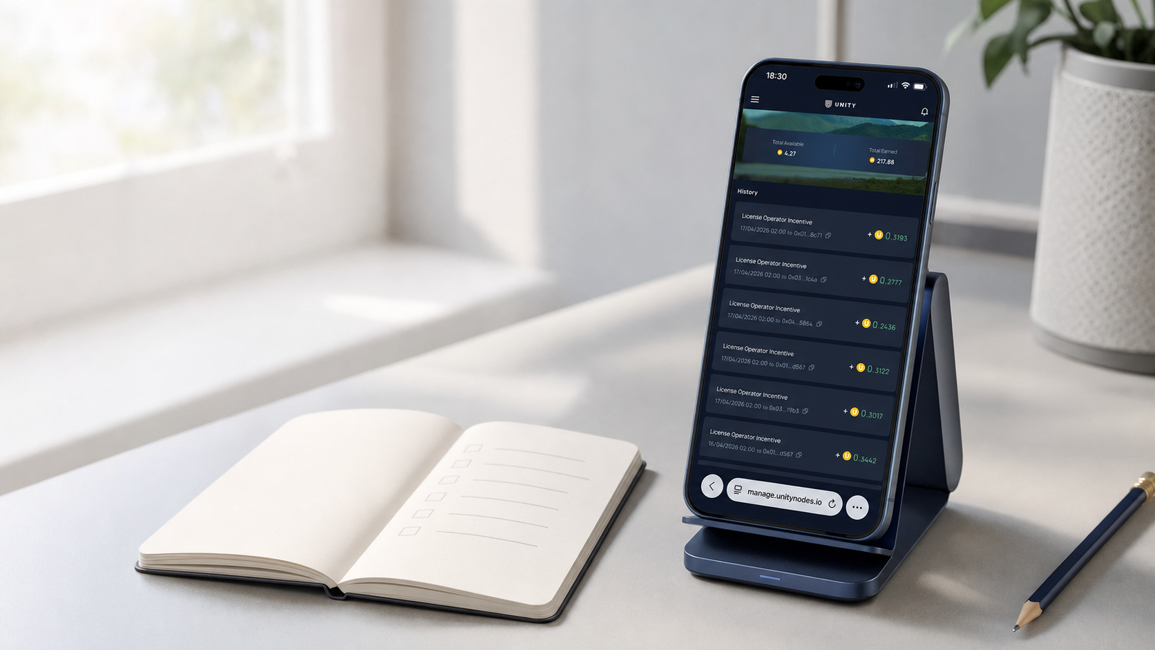Unetwork License Operator rewards history displayed on a phone beside a setup checklist
