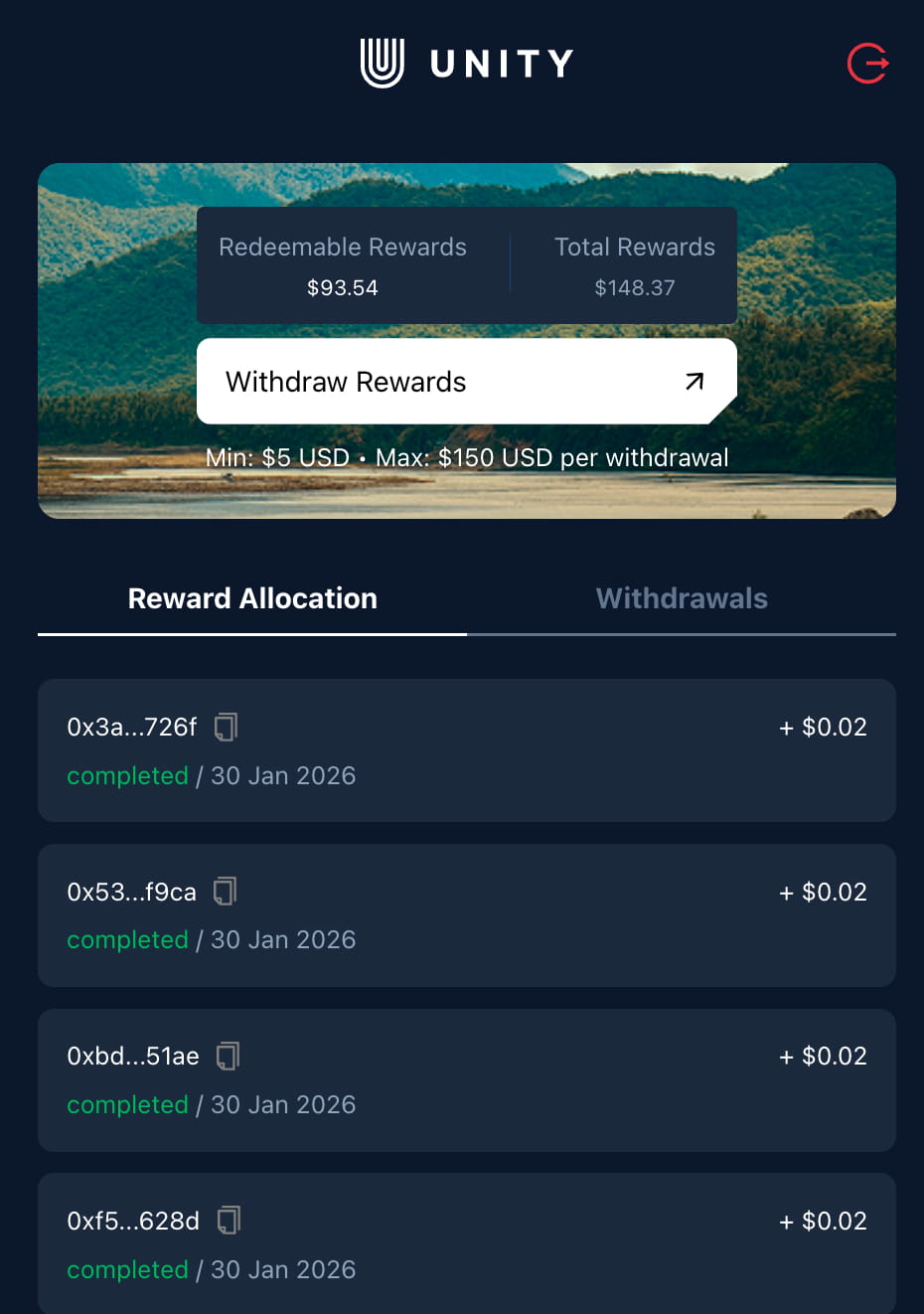 Unetwork rewards main screen