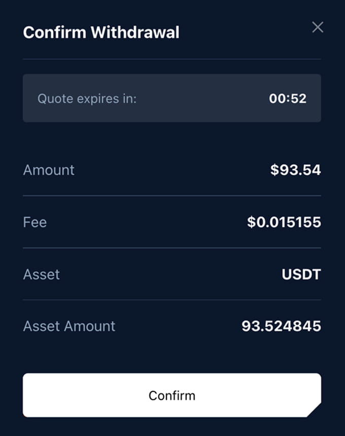 Unetwork crypto quote confirmation screen