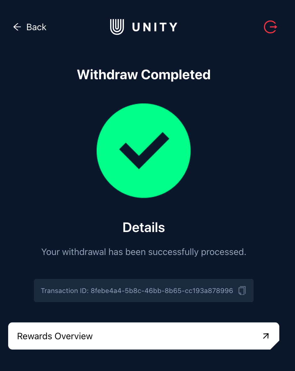 Unetwork rewards withdrawal completed screen