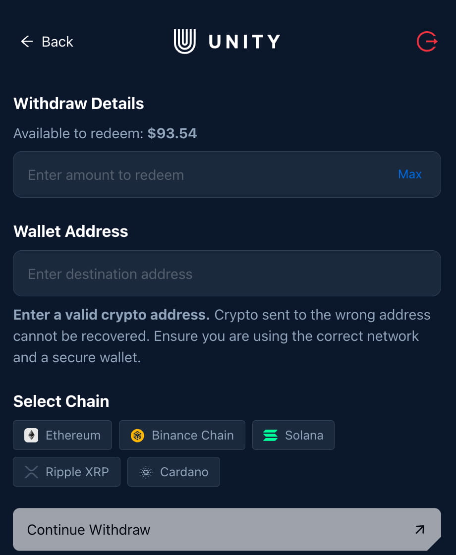 Unetwork crypto withdrawal details screen